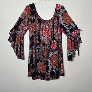 SASS Womens Paisley Floral Mandala Bell Sleeve Off Shoulder Tunic Top Large USA